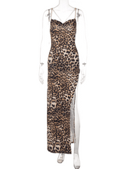 Leopard Print Slim Backless Chain Strap Midi Dress