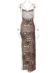 Leopard Print Slim Backless Chain Strap Midi Dress