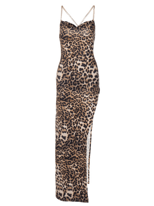 New Fashion Leopard Print Slim Backless Chain Strap Midi Dress