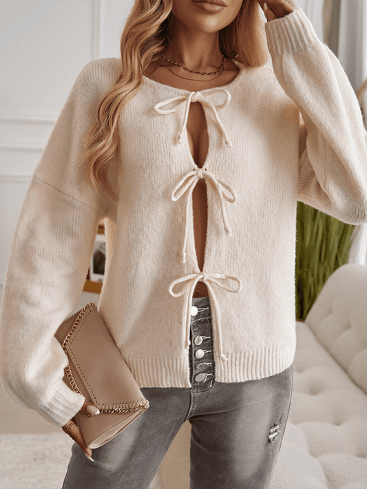 Casual loose cardigan lace-up solid color sweater