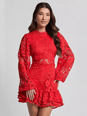 Lapel Lantern Long Sleeve Waist Gown Short A-line Ruffle Hollow Lace Dresses