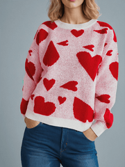 Valentine's Day Sweater Round Neck Heart Two Color Jacquard Pullover Sweet Knit Sweater