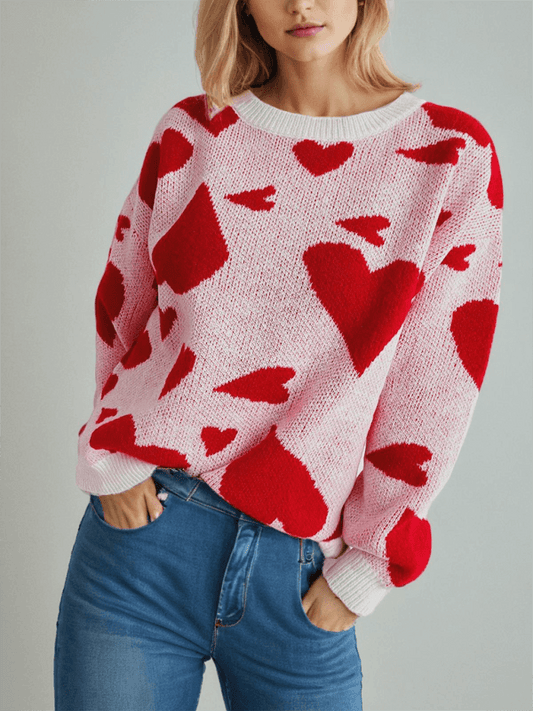 Valentine's Day Sweater Round Neck Heart Two Color Jacquard Pullover Sweet Knit Sweater