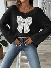 Bow Embroidery Applique Women's Pullover Sweater One Neck Strapless Flare Sleeve Sweater