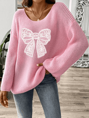 Bow Embroidery Applique Women's Pullover Sweater One Neck Strapless Flare Sleeve Sweater