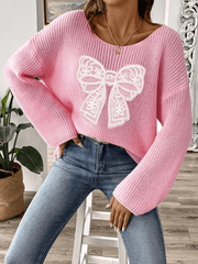 Bow Embroidery Applique Women's Pullover Sweater One Neck Strapless Flare Sleeve Sweater