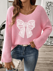 Bow Embroidery Applique Women's Pullover Sweater One Neck Strapless Flare Sleeve Sweater