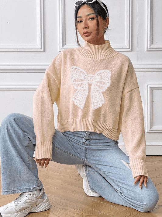 Women's Bow Embroidered Appliqued Turtleneck Pullover Sweater