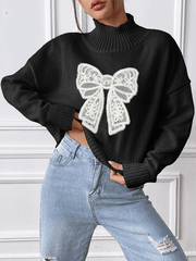 Women's Bow Embroidered Appliqued Turtleneck Pullover Sweater