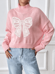 Women's Bow Embroidered Appliqued Turtleneck Pullover Sweater