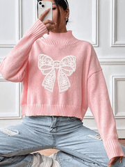 Women's Bow Embroidered Appliqued Turtleneck Pullover Sweater