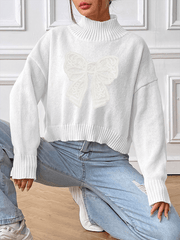 Women's Bow Embroidered Appliqued Turtleneck Pullover Sweater