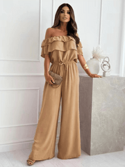 One-piece collar casual solid color waisted jumpsuit