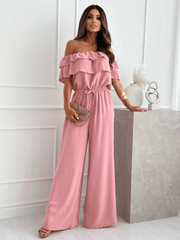 One-piece collar casual solid color waisted jumpsuit