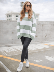 Round Neck Long Sleeve Colorblocked Striped Knit Sweater Flare Sleeve Sweater