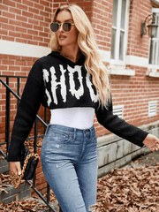 Halloween Sweater Letter Jacquard Long Sleeve Hoodie Pullover Short Knit Top