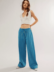 Low Rise Casual Striped Wide Leg Pants Drawstring Straight Leg Pants