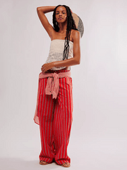 Low Rise Casual Striped Wide Leg Pants Drawstring Straight Leg Pants