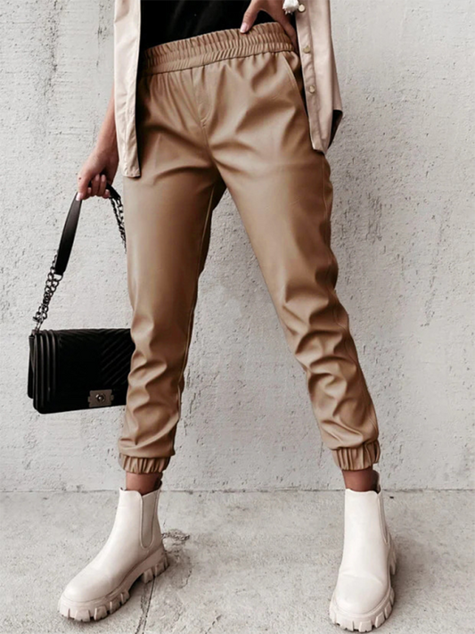 Women's Fashion Mid Waist Casual Leather Pants