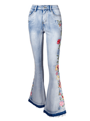 Floral Embroidered Denim Flare Pants