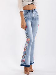 Floral Embroidered Denim Flare Pants