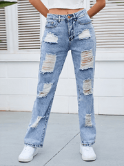 Women's denim washed and whitened mid-waist ripped denim pants