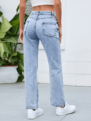 Women's denim washed and whitened mid-waist ripped denim pants