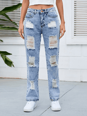 Women's denim washed and whitened mid-waist ripped denim pants