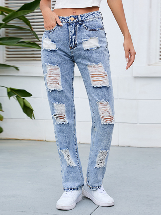 Women's denim washed and whitened mid-waist ripped denim pants