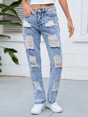 Women's denim washed and whitened mid-waist ripped denim pants