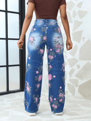 Floral Printed Wide Leg Pants Women's Jeans