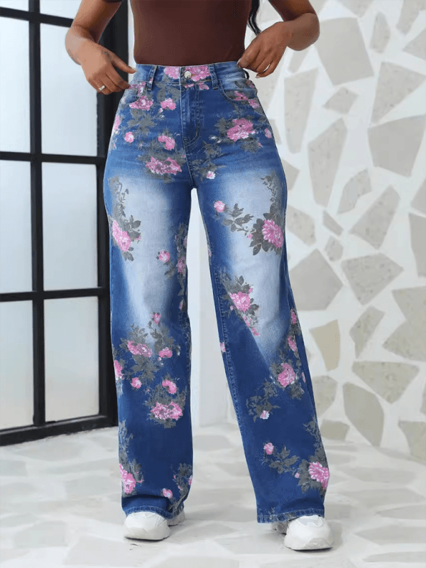 Floral Printed Wide Leg Pants Women's Jeans