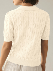 Women's Polo Neck Short Sleeve Casual Twisted Knit Sweater Top