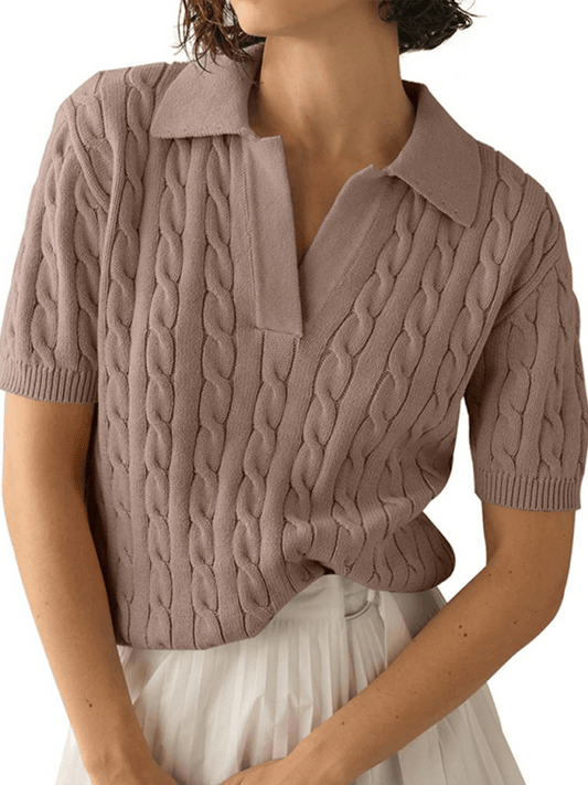 Women's Polo Neck Short Sleeve Casual Twisted Knit Sweater Top