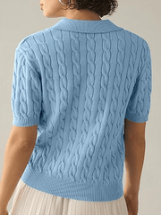 Women's Polo Neck Short Sleeve Casual Twisted Knit Sweater Top