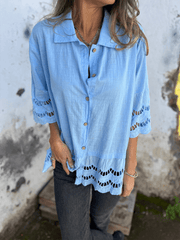 Women's Lace Flared Sleeve Hollow Button Shirt