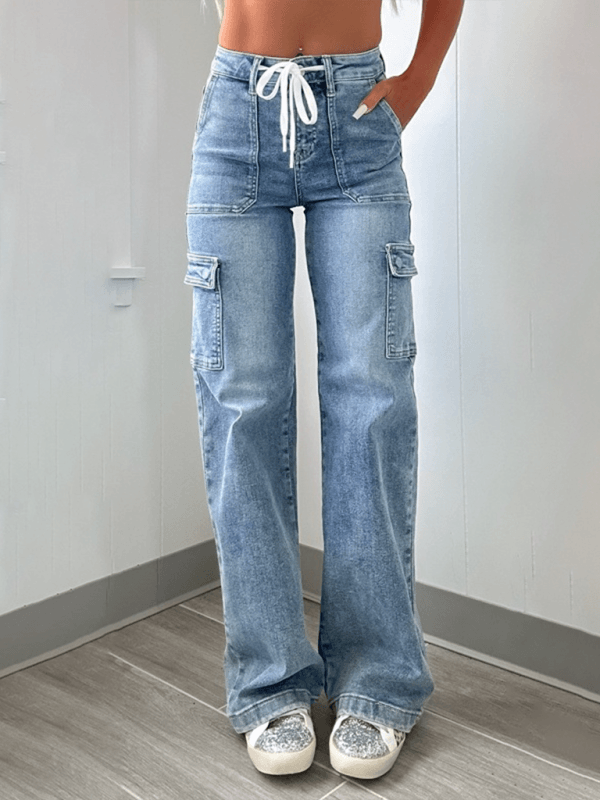 Casual Lace-Up Multi-Pocket Functional Workwear Straight Leg Jeans