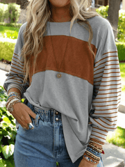 pullover round neck casual striped collision long sleeve t-shirt