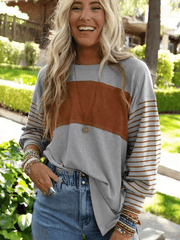 pullover round neck casual striped collision long sleeve t-shirt