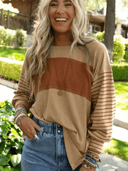 pullover round neck casual striped collision long sleeve t-shirt