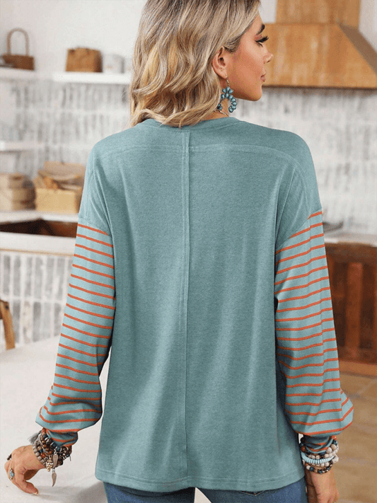 pullover round neck casual striped collision long sleeve t-shirt