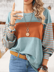 pullover round neck casual striped collision long sleeve t-shirt