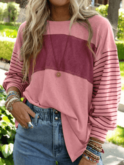 pullover round neck casual striped collision long sleeve t-shirt