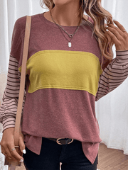 pullover round neck casual striped collision long sleeve t-shirt