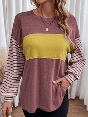 pullover round neck casual striped collision long sleeve t-shirt