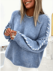 Women's Fashion Pullover Solid Color Round Neck Long Sleeve Drawstring Loose Knitted Sweater