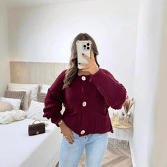 Women's Fashion Chunky Needle Long Sleeve Big Button Sweater