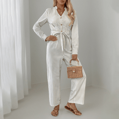 Ladies new v-neck striped lace-up jumpsuit