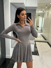 Solid color waist long sleeve lapel ruffle dress