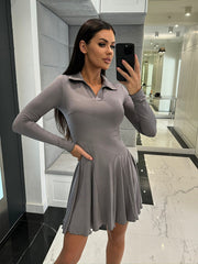 Solid color waist long sleeve lapel ruffle dress